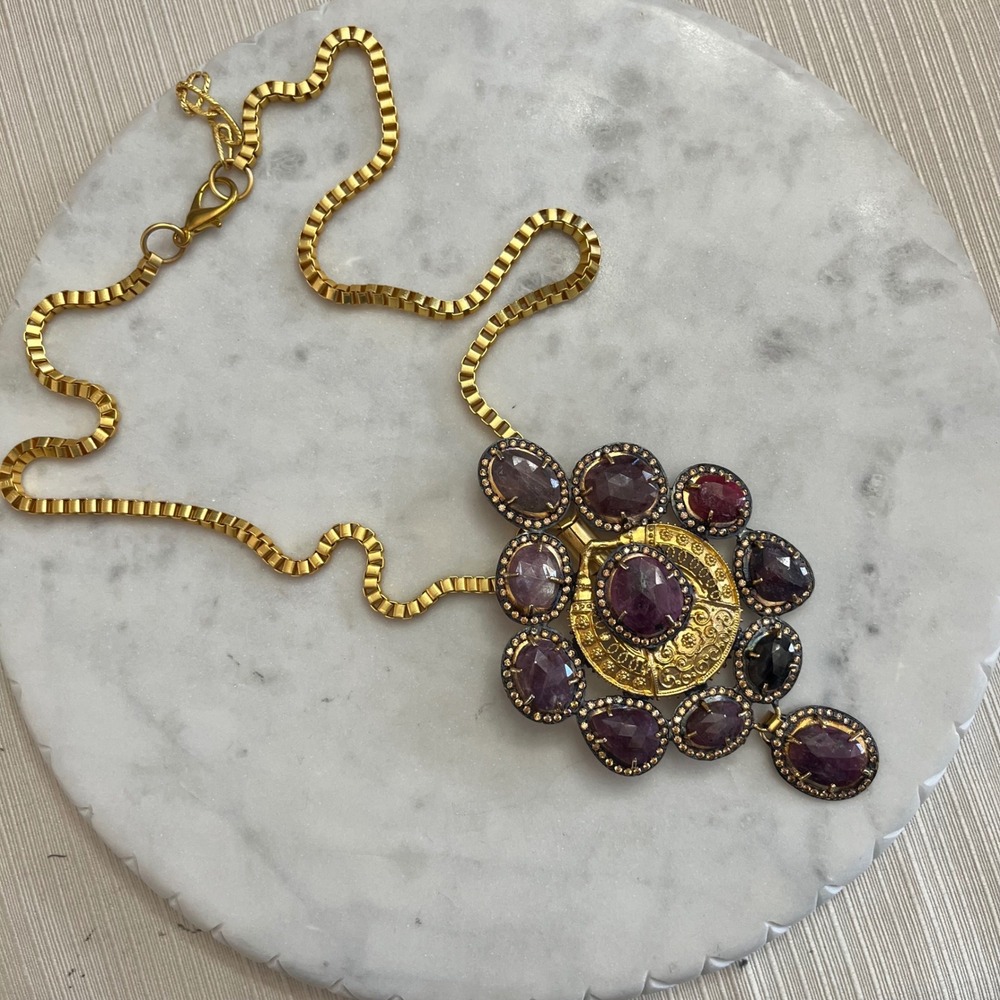 Artisan Statement Necklace Gemstone Purple Gold Tone Medallion Teardrop Jewelry